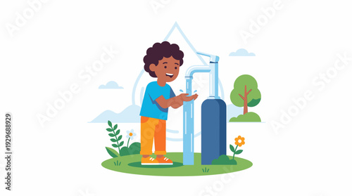 Young Boy Happily Washing Hands with Fresh Clean Water from Outdoor Tap in a Vibrant Natural Environment