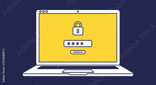 Laptop computer displaying a secure login screen with a padlock icon and password dots for cybersecurity and data privacy.