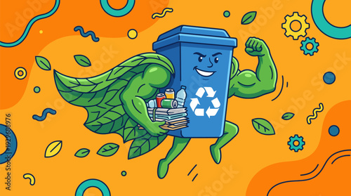 Superhero recycling bin with green leaf cape flexing muscles, holding recyclables, protecting Earth. Flat vector illustration.
