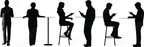 People silhouettes using smartphones at high tables, group of men and women communicating on mobile devices on white backgroun