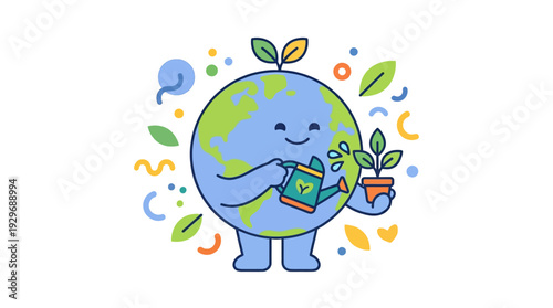 Smiling Earth character watering a plant, with leaves and abstract shapes, flat design illustration for environmental themes.