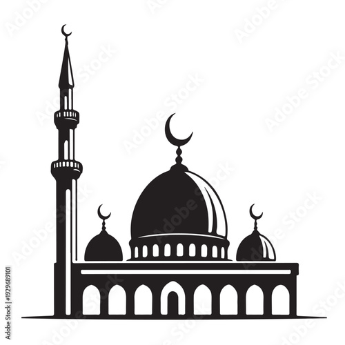 Silhouette of a grand mosque with multiple domes and a tall minaret representing islamic architecture culture and spirituality a powerful symbol for religious and cultural designs