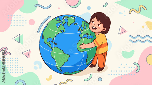 Child Hugging Earth Globe Tenderly Showing Care for the Planet Environmental Protection Global Awareness Sustainability Playful Flat Cartoon Style Pastel Palette Clean Vector Illustration