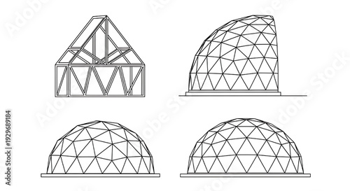 Geodesic dome structures set with greenhouse frame and triangular grid architecture outlines, minimal black line vector icons