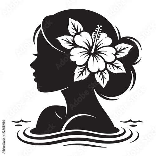 Tropical woman silhouette with hibiscus flower in hair swimming in ocean waves vector illustration for spa wellness and beauty concept isolated on transparent background for logo design