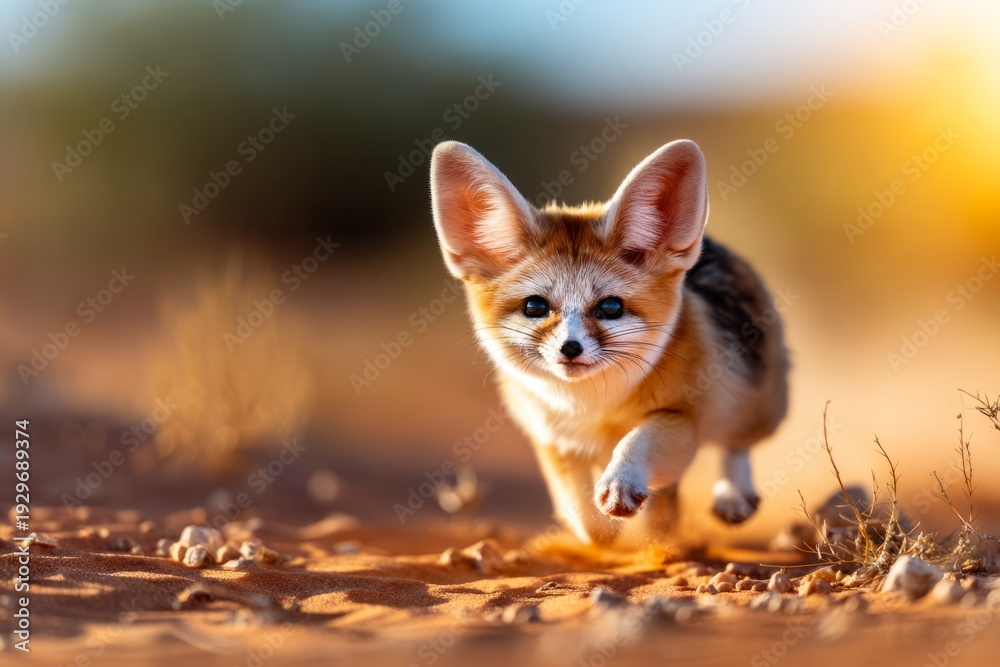 Fototapeta premium Fox Running Across Sandy Dunes at Sunrise from a Side Perspective
