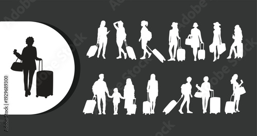 Collection of travelers with luggage silhouettes