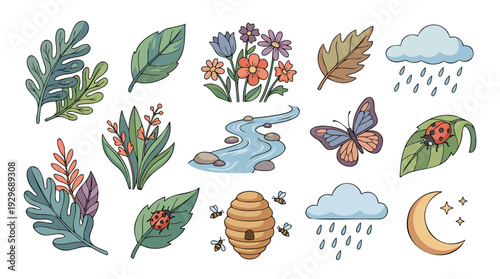 Nature's Harmony: Leaves, Flowers, Insects, Water, and Sky Elements