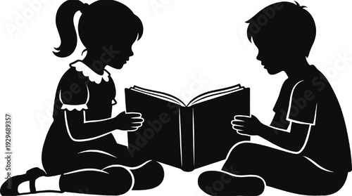 Silhouette of two children reading book together, sitting cross legged, learning, education, friendship, study, knowledge, childhood, vector illustration