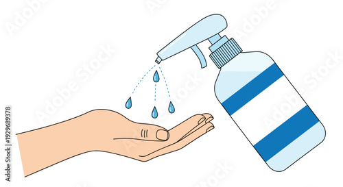 Hand receiving a spray of liquid from a blue bottle for disinfecting or moisturizing purposes in a clean graphic style.