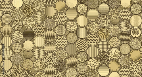 Complex pattern of numerous small circles filled with various textures and geometric designs in a vintage sepia color tone.