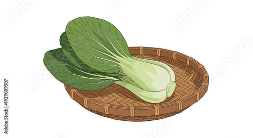 Fresh green bok choy vegetable placed in a traditional round woven bamboo basket for healthy cooking and produce display.