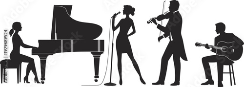 Silhouette, of, a, musical, band, including, a, pianist, singer, violinist, and, guitarist, performing, together, isolated, on, white, background, vector, illustration.