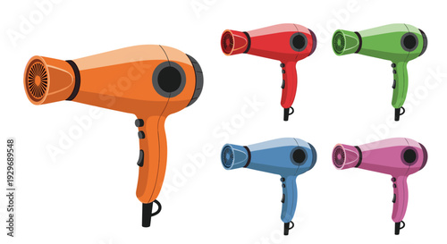 Professional hair dryers shown in five different colors including orange red green blue and pink for salon equipment sets.