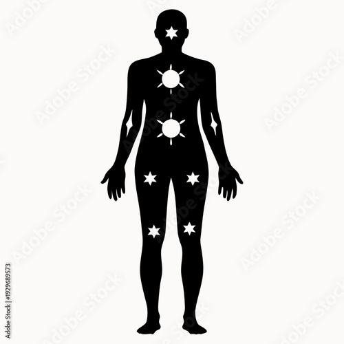 Human silhouette with celestial symbols on body