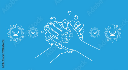 Outline illustration on a blue background showing hands being washed with soap to combat various germs and virus particles.