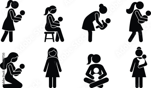 Silhouette of woman holding baby in different caregiving positions, nurturing, breastfeeding, parenting, childcare, motherhood, family love, vector illustration
