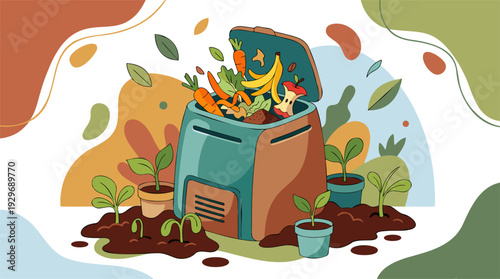 Compost Bin with Fruits, Vegetables, and Seedlings