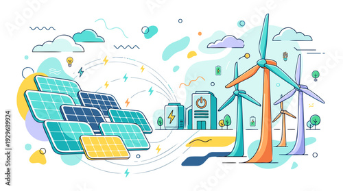 Solar panels and wind turbines generating clean electricity for a sustainable Earth energy future, depicted with modern flat line art illustration featuring renewable power sources.