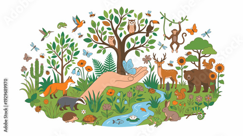 Diverse Nature Scene with Animals Plants and Human Hand Caring for Butterfly