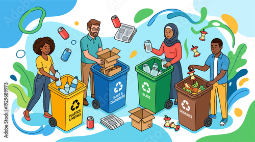 Diverse people sorting recyclables into labeled bins: plastics, paper, glass, and organics, promoting environmental awareness and sustainability.