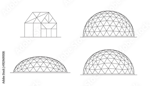 Greenhouse geodesic dome set with thin black outline wireframe architecture icons isolated on white background