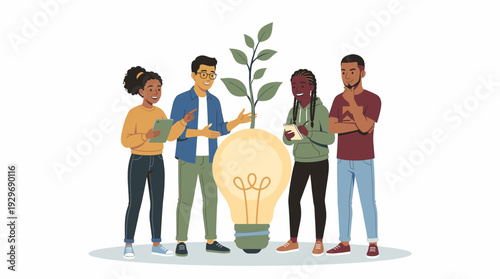 Teamwork of Diverse Young People Brainstorming an Innovative Idea for Sustainable Green Solutions a Light Bulb with a Plant Symbol