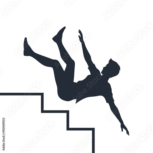 Man falling down stairs, silhouette, accident, slip, trip, danger, injury, emergency, risk, hazard, descent, steps, bottom, tumbling