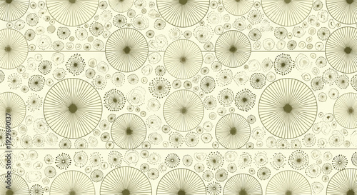 Abstract seamless pattern features repetitive circular radiating designs in muted beige and olive green tones.
