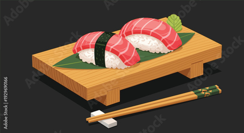 Two pieces of fresh tuna nigiri sushi are served on a wooden board with green leaves, wasabi, and a pair of chopsticks.