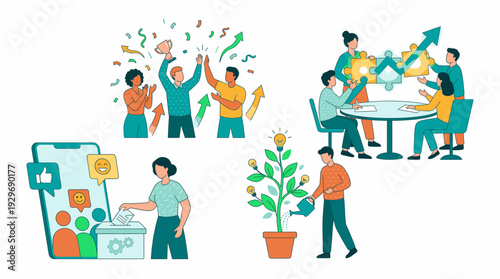 Business Concepts Showing Teamwork Success Innovation Community Engagement and Growth Illustrated with Diverse People