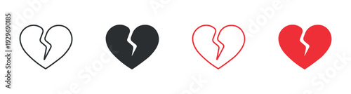 Broken Heart Icon Set, Love Failure, Relationship Problem Symbol, Vector Illustration