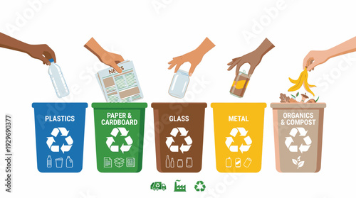 Recycling Waste into Different Colored Bins by Diverse Hands Promoting Eco Friendly Garbage Sorting for Environmental Conservation