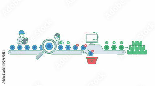 Production Line Quality Control Process with Inspectors Computers and Sorting Items