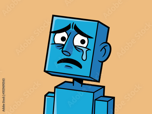 Sad blue robot crying tears, emotional cartoon character with blocky body and face