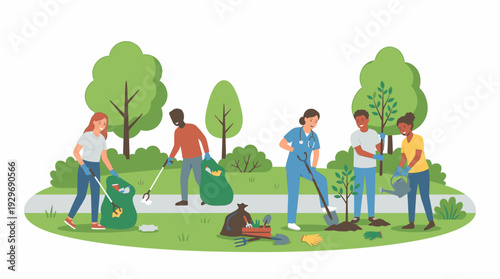 Diverse Volunteers Planting Trees and Cleaning Park Together