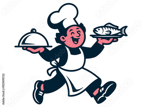 Cartoon Chef Holding Fish Platter and Covered Dish with Big Smile