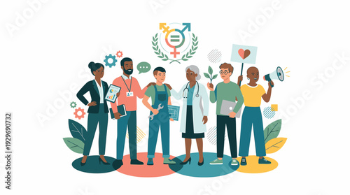 Diverse Group of People Representing Various Professions and Gender Identities Standing Together