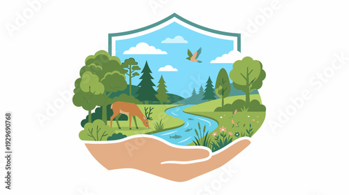 Nature Protection Illustration Shield with Hands Holding Landscape Deer River and Bird