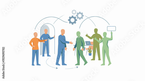 Business Teamwork Process Illustration Showing Diverse Employees Collaborating and Developing Strategies in a Corporate Office Setting