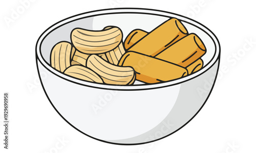 Cartoon Bowl with Pasta Shells and Fried Rolled Snacks Illustration