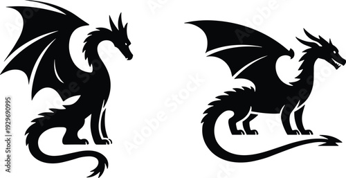 Powerful black dragon silhouettes, mythical creature vector icons set, legendary fantasy monster wings and tail shapes on a white background. (Exactly 20 words)