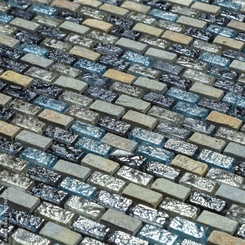 Diagonal Mixed Glass and Stone Mini Brick Mosaic in Blue and Gray