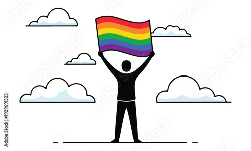 Person holding rainbow pride flag with clouds in line art style