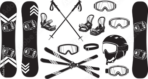 Black and white illustration of winter sports equipment including snowboards, skis, bindings, poles, goggles, and helmet, designed for skiing, snowboarding, and outdoor adventure concepts