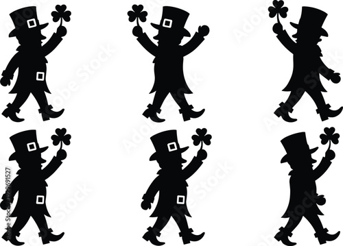 Saint Patrick’s Day leprechaun silhouette set with shamrock, festive Irish holiday character walking, black vector icons for celebration and decoration design