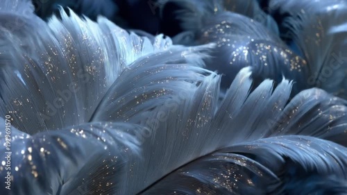 Abstract close up of silvery blue feathery forms with shimmering detail