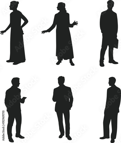 People silhouettes collection, men and women standing in different poses full body human figures isolated