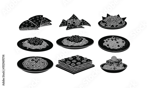 Variety of illustrated food items including pasta pizza and lasagne