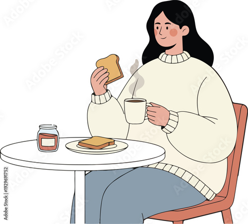 Happy woman enjoying tea while reading and using phone